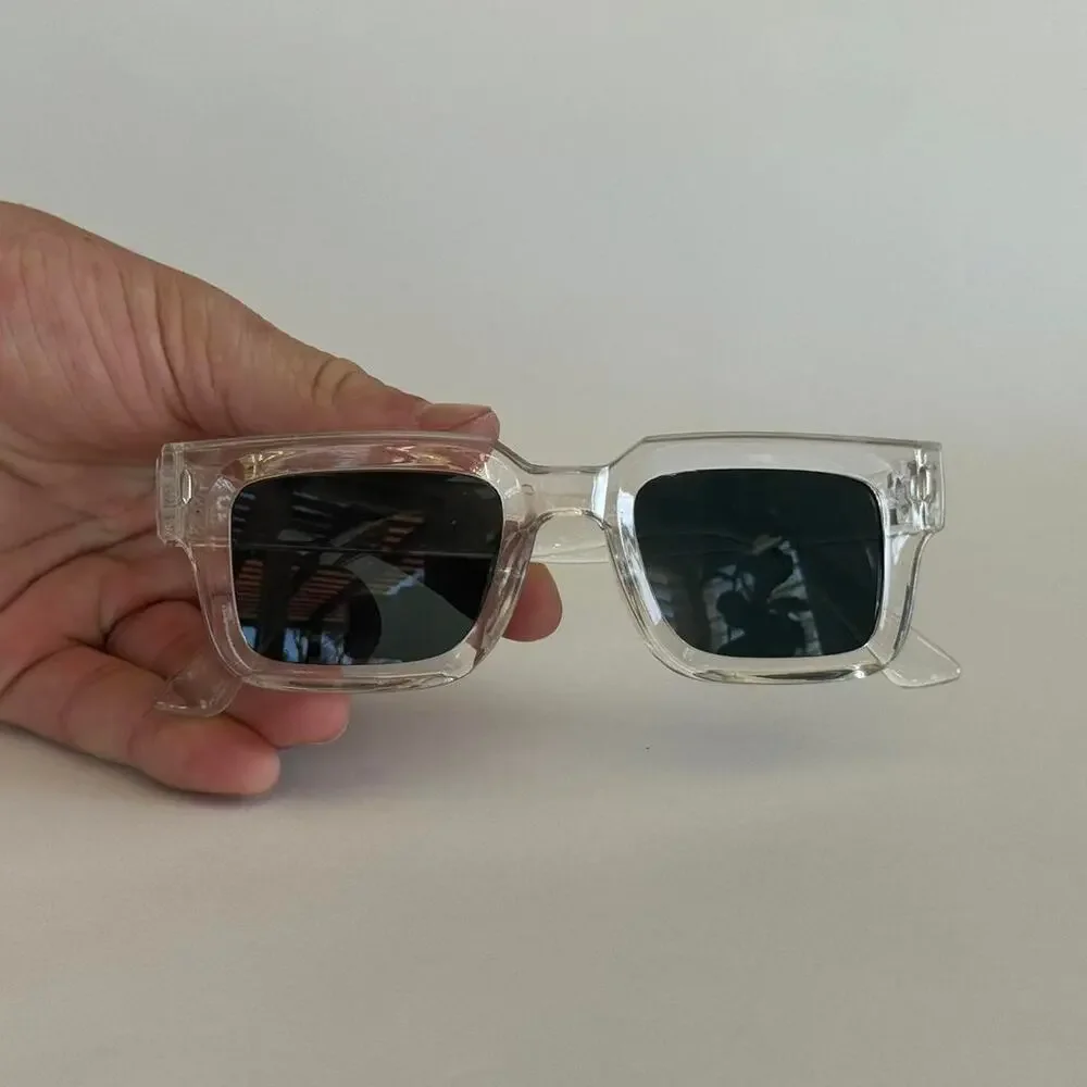 Y2K Clear Frame Square Sunglasses Black Lens Unisex Bold UVA UVB